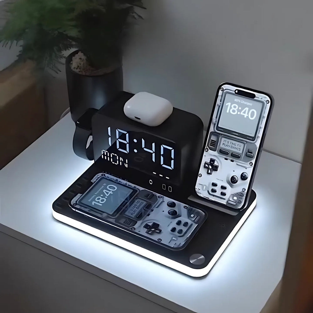 7-in-1 Wireless Charging Station – Fast Charger Dock with Night Light & Bluetooth Clock