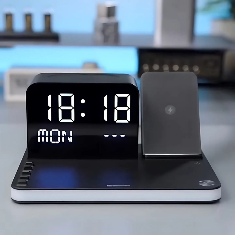 7-in-1 Wireless Charging Station – Fast Charger Dock with Night Light & Bluetooth Clock