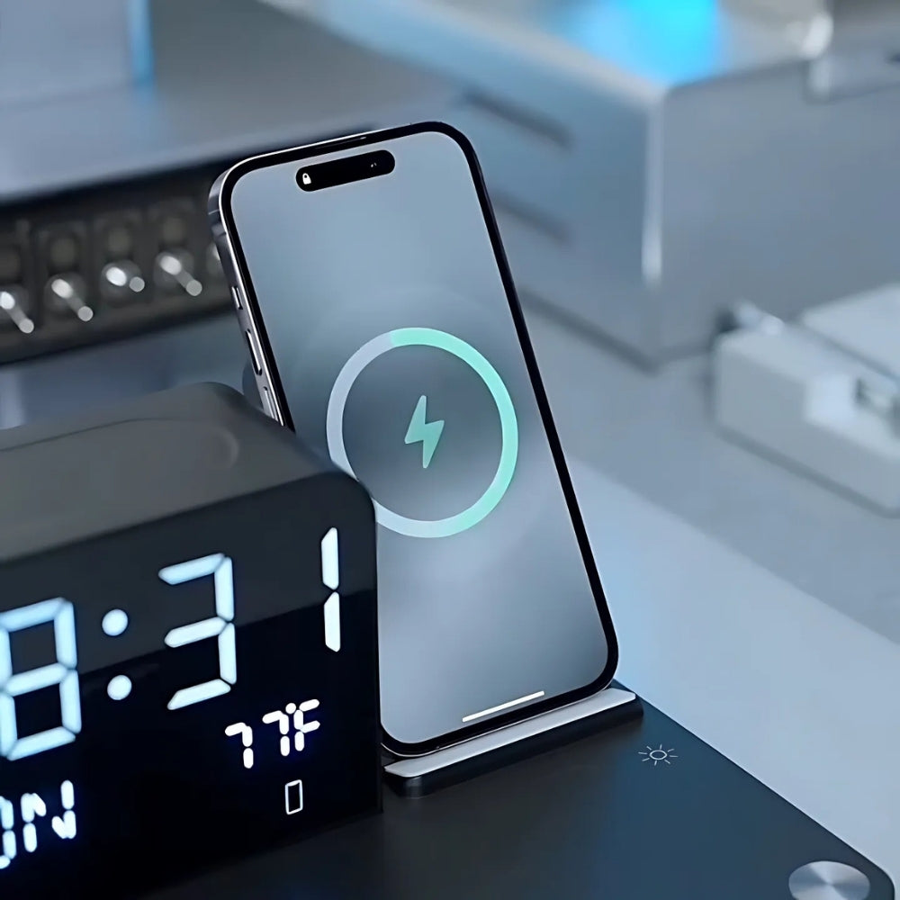 7-in-1 Wireless Charging Station – Fast Charger Dock with Night Light & Bluetooth Clock