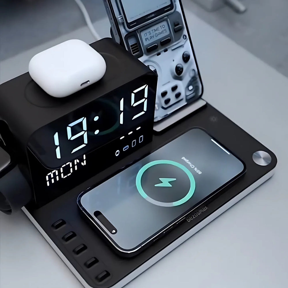 7-in-1 Wireless Charging Station – Fast Charger Dock with Night Light & Bluetooth Clock