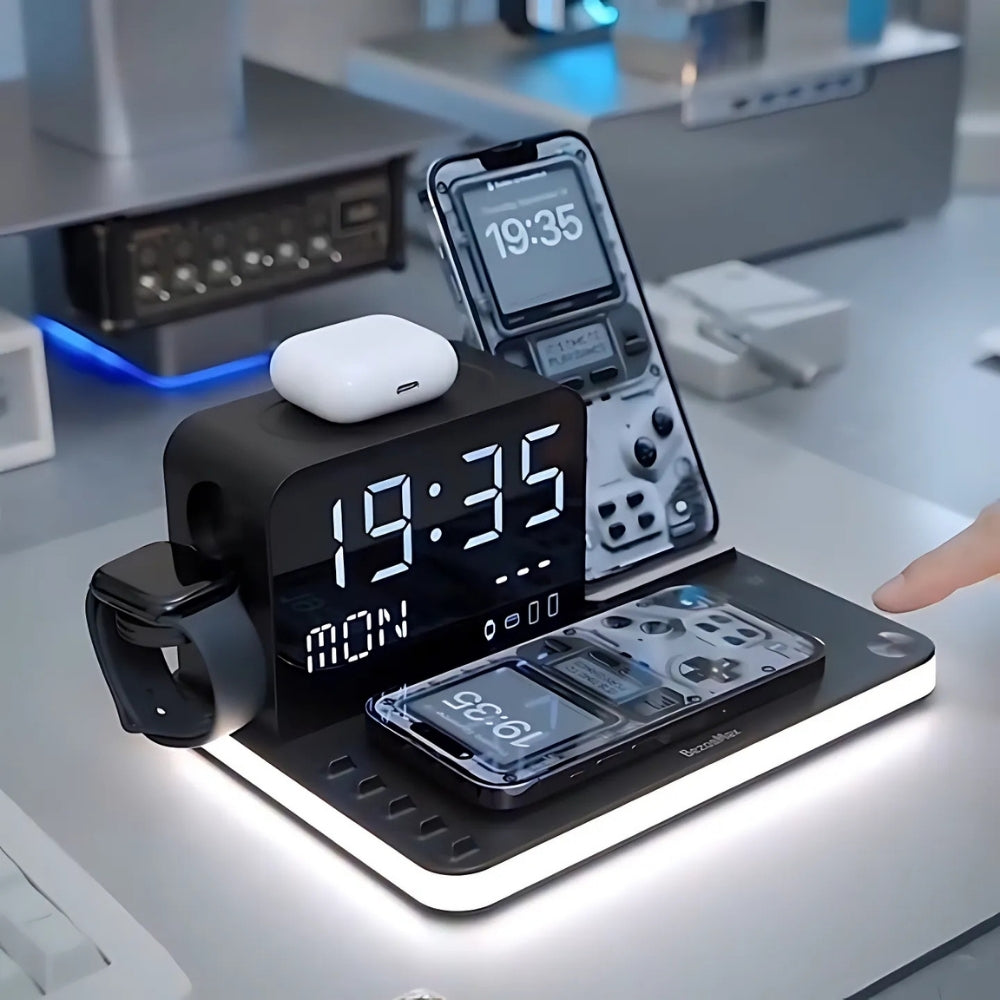 7-in-1 Wireless Charging Station – Fast Charger Dock with Night Light & Bluetooth Clock