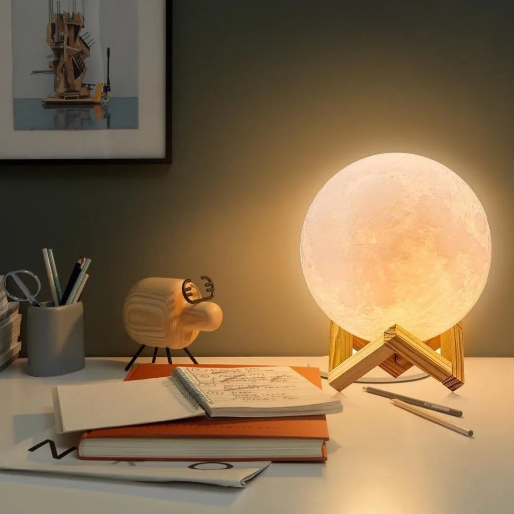 3D Printed Moon Lamp – Rechargeable Touch LED Night Light with Wooden Stand