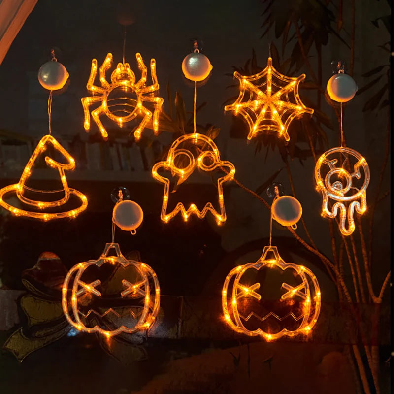 Halloween LED Hanging Ornaments – Witch Hat, Spider & Ghost Lights