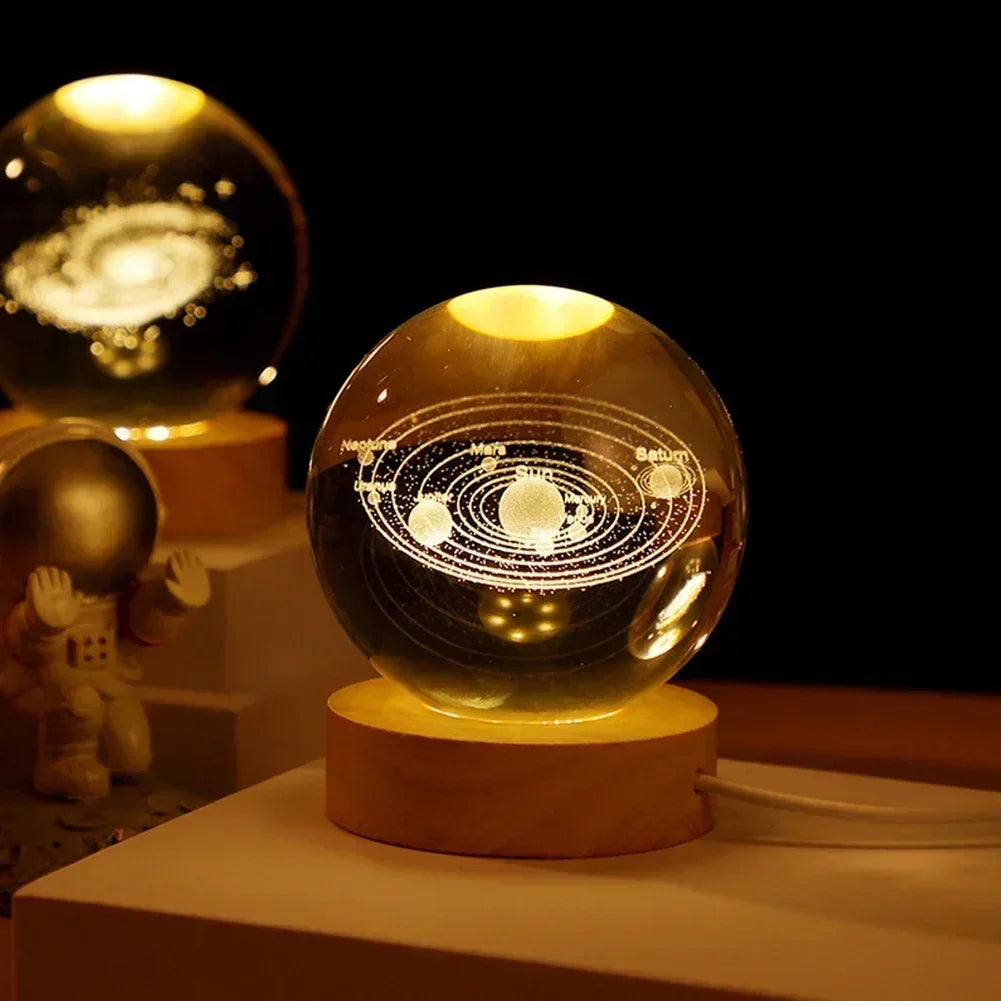 3D Crystal Ball Night Light with Wooden Base – Galaxy & Solar System USB Lamp