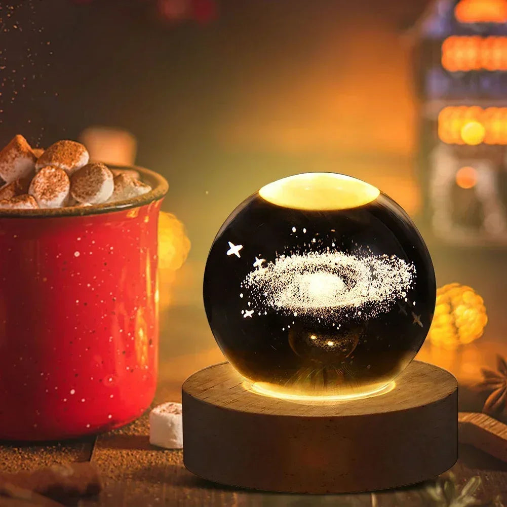 3D Crystal Ball Night Light with Wooden Base – Galaxy & Solar System USB Lamp