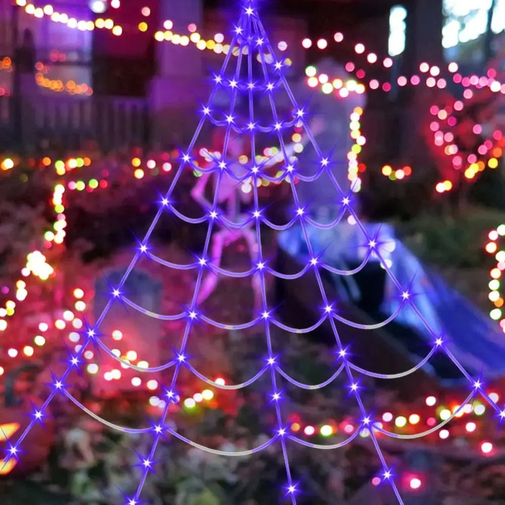 Halloween Spider Web Lights – 8 Mode LED Web with Glowing Spider
