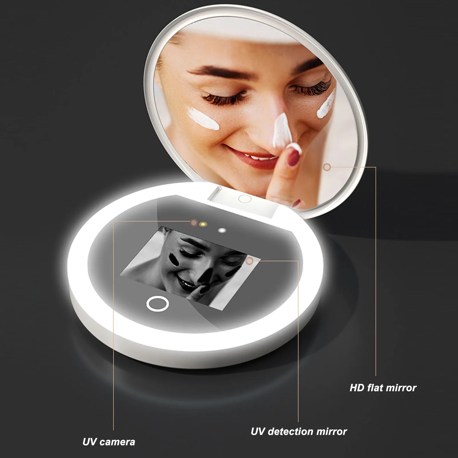 UV Camera Makeup Mirror – 2X Magnification Travel Pocket Mirror with LED Light