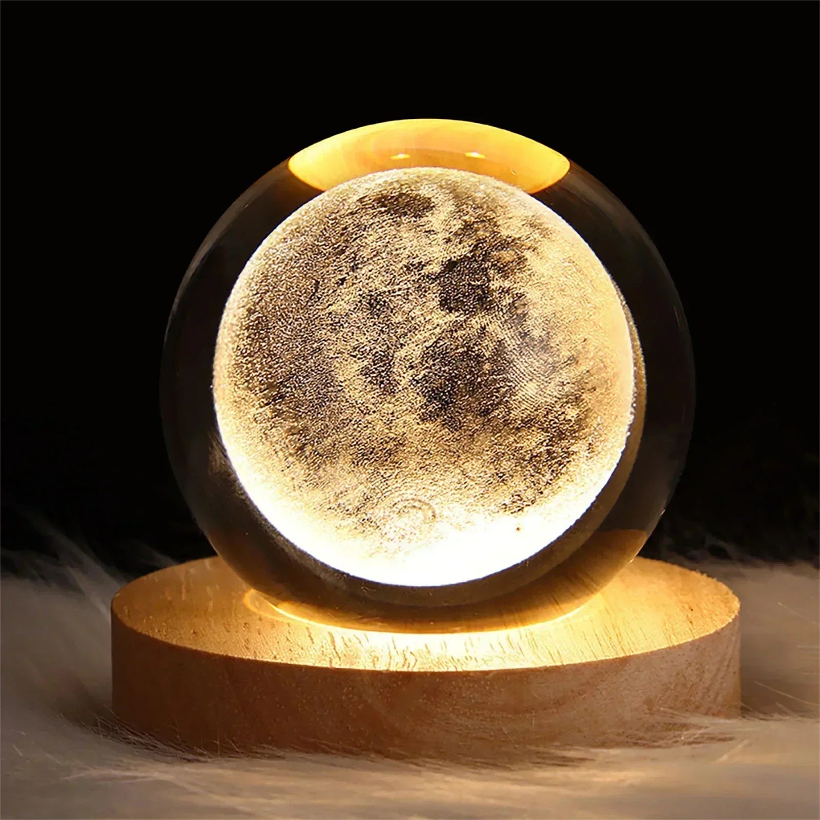 3D Crystal Ball Night Light with Wooden Base – Galaxy & Solar System USB Lamp