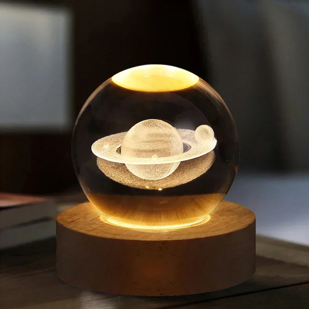 3D Crystal Ball Night Light with Wooden Base – Galaxy & Solar System USB Lamp