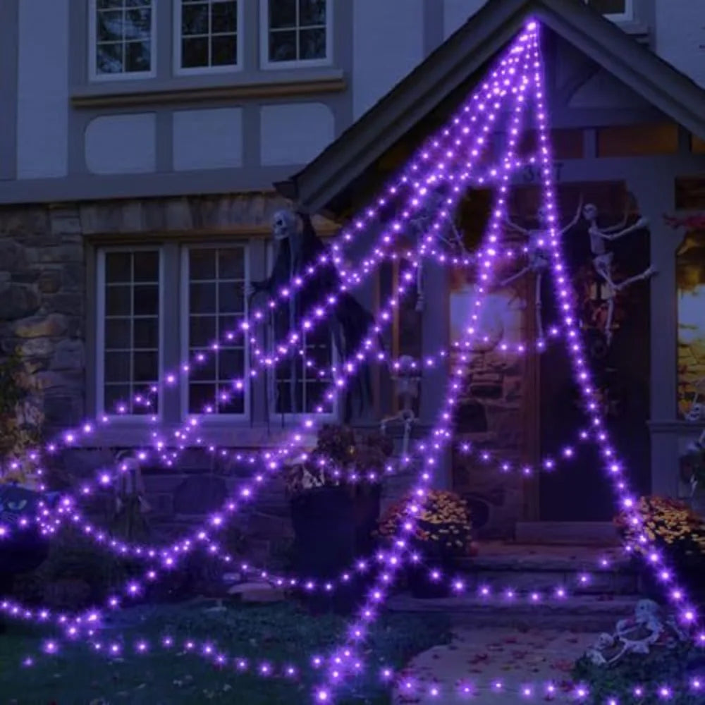 Halloween Spider Web Lights – 8 Mode LED Web with Glowing Spider