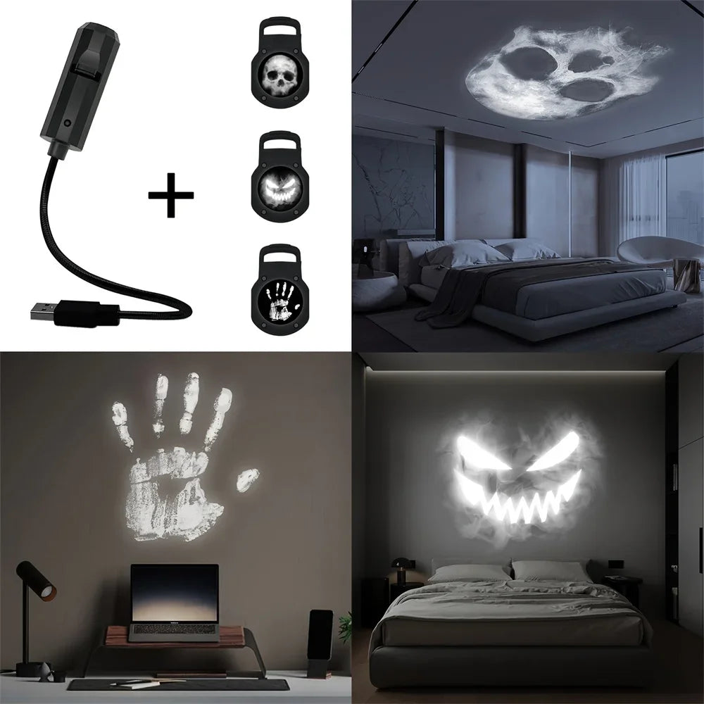 Halloween Skull Projection Lamp – 360° Rotating LED Night Light with Interchangeable Patterns