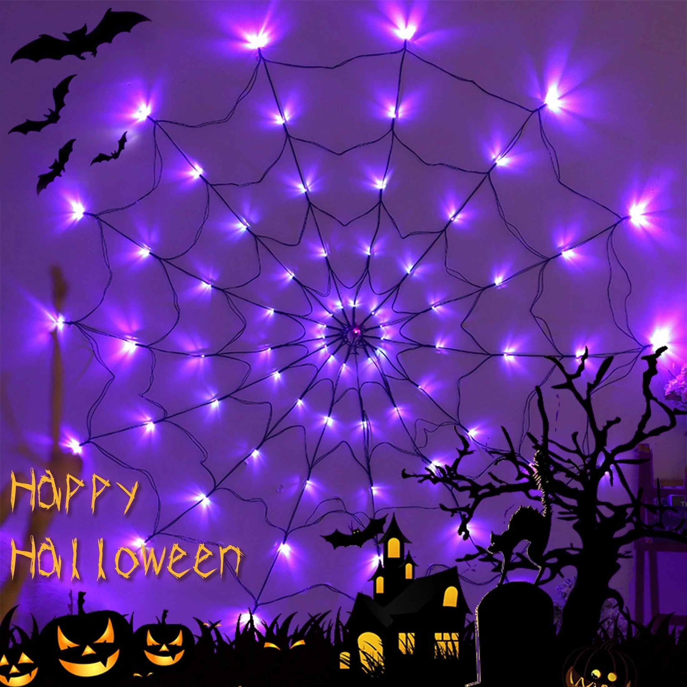 Halloween LED Spider Web Lights – Waterproof Net String Decoration