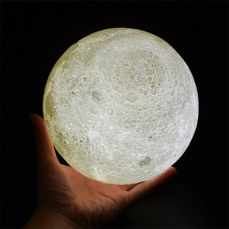 3D Printed Moon Lamp – Rechargeable Touch LED Night Light with Wooden Stand