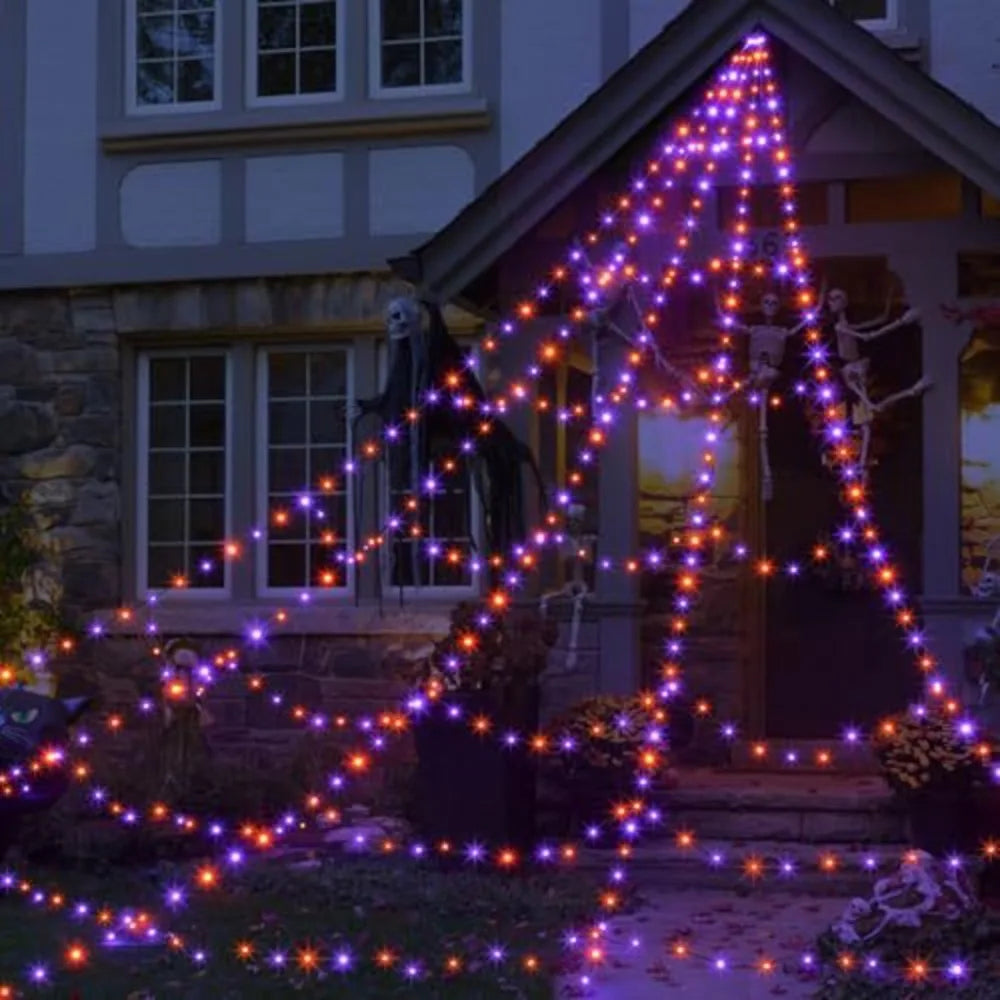 Halloween Spider Web Lights – 8 Mode LED Web with Glowing Spider