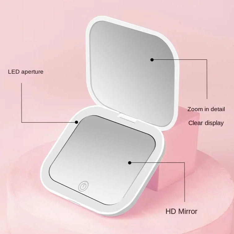 Mini Folding LED Makeup Mirror – USB Rechargeable with 2X Magnification