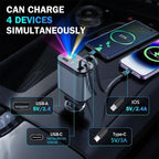 4-in-1 Retractable Car Charger – Dual Ports, Type-C Fast Charge & Starry Sky Light