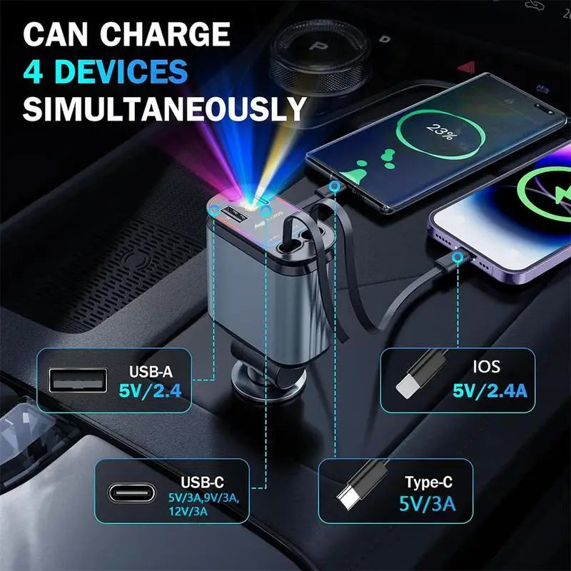4-in-1 Retractable Car Charger – Dual Ports, Type-C Fast Charge & Starry Sky Light