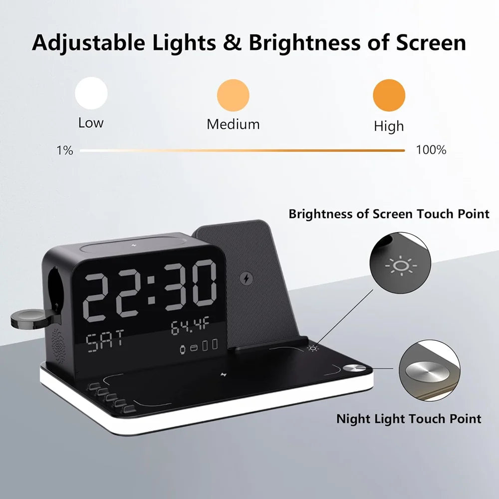 7-in-1 Wireless Charging Station – Fast Charger Dock with Night Light & Bluetooth Clock