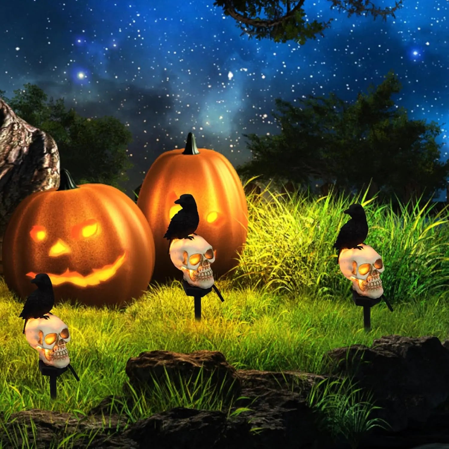 Halloween Solar Crow Skull Light – Outdoor LED Skeleton & Ghost Decoration