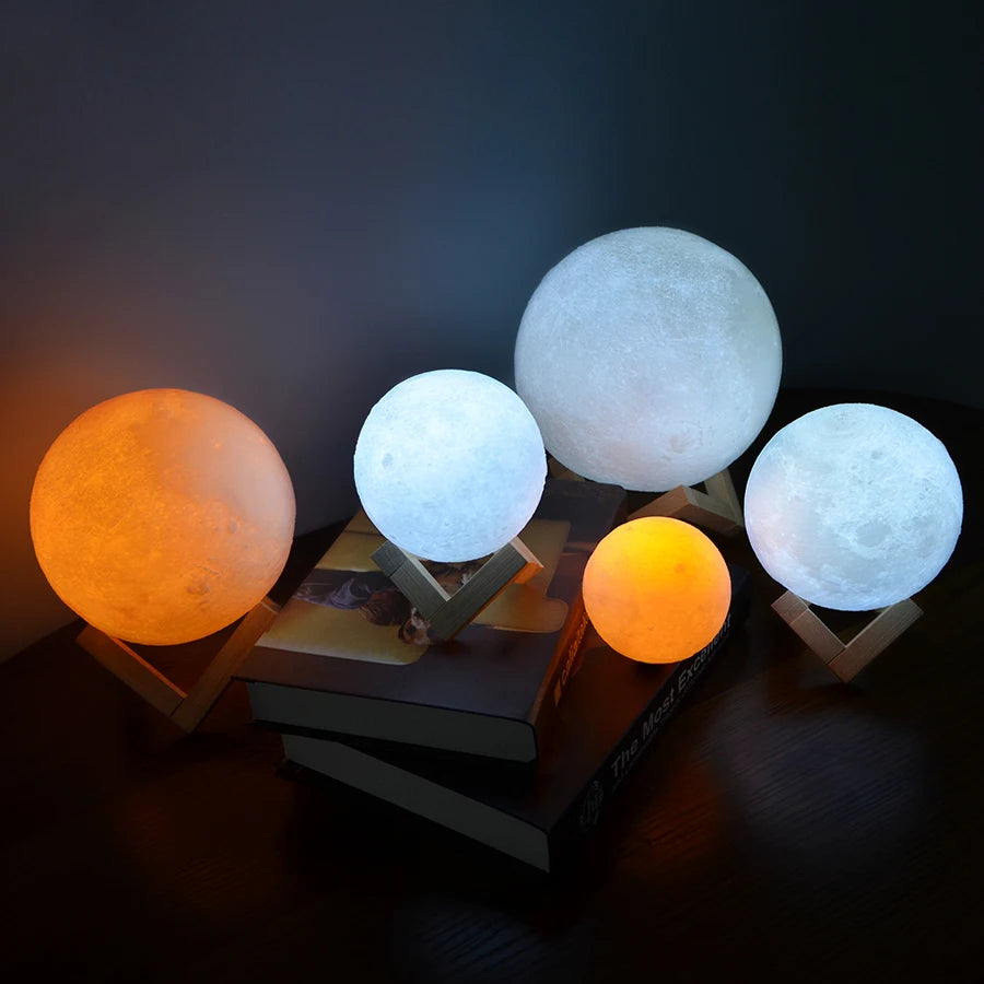 3D Printed Moon Lamp – Rechargeable Touch LED Night Light with Wooden Stand