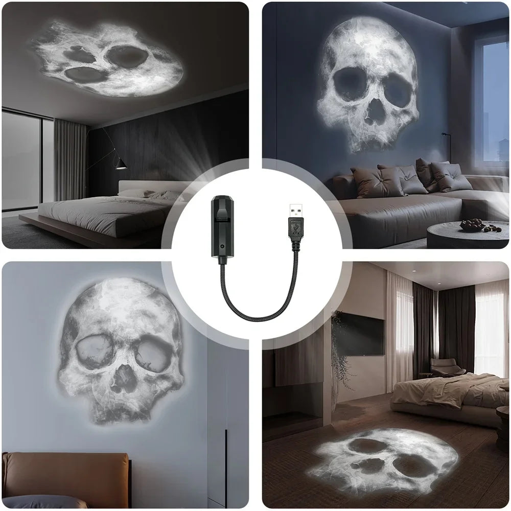 Halloween Skull Projection Lamp – 360° Rotating LED Night Light with Interchangeable Patterns