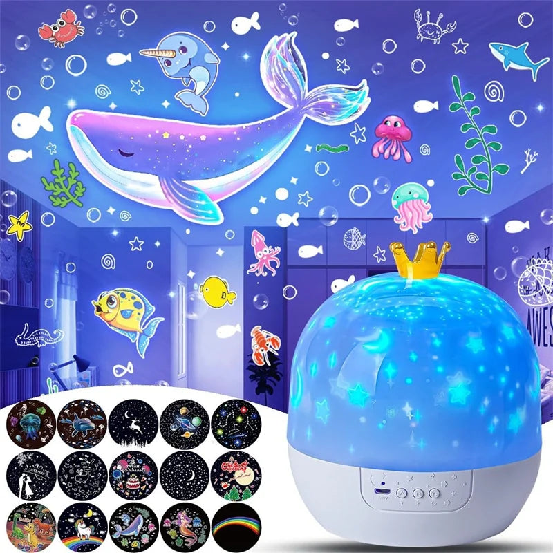 Crown Star Projector Lamp – Rotating Night Light with 6 Films & Remote