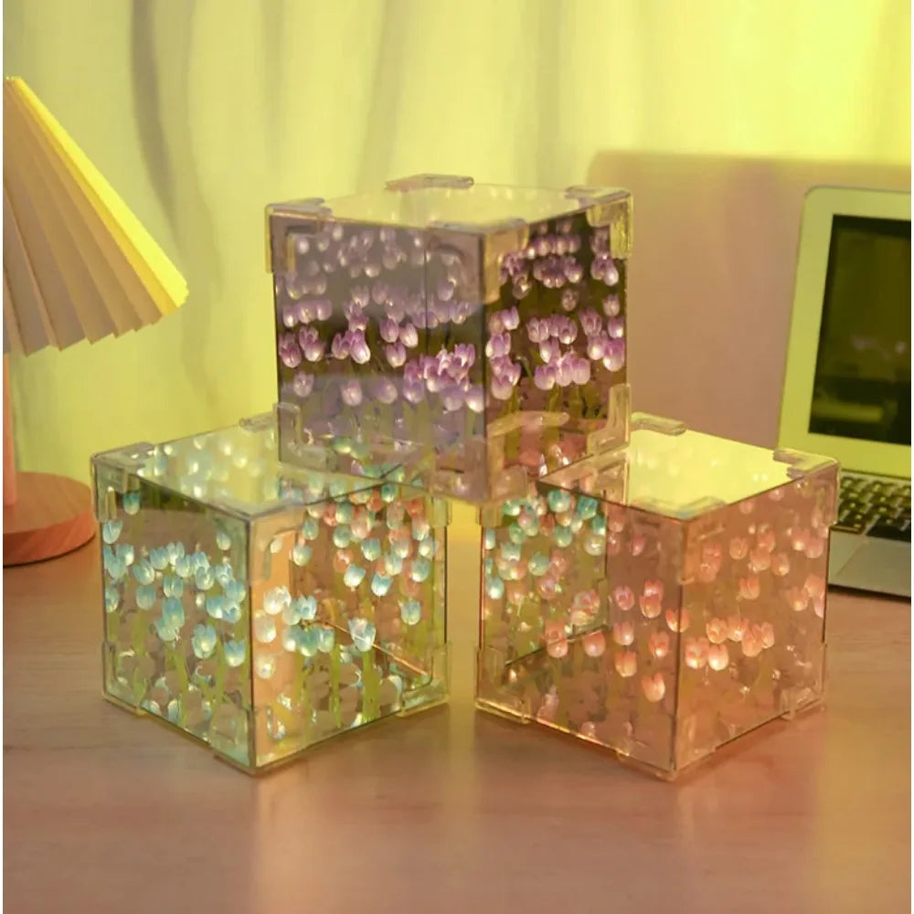 DIY Tulip Mirror Cube Lamp – Handmade Flower Night Light Gift