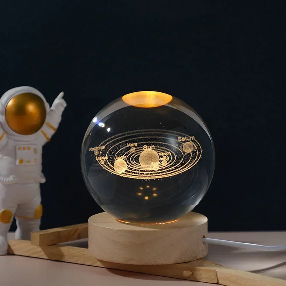 3D Crystal Ball Night Light with Wooden Base – Galaxy & Solar System USB Lamp