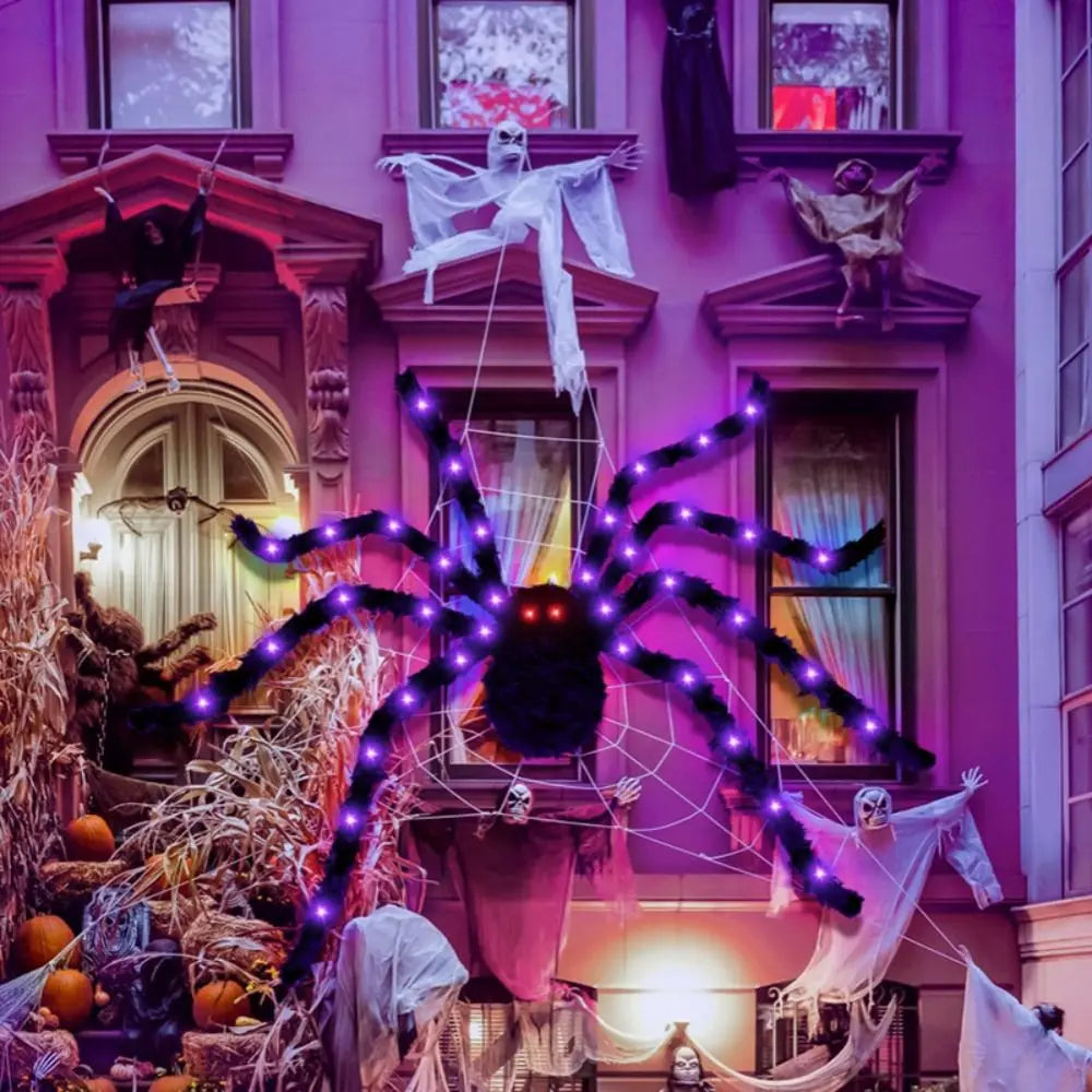 Halloween Spider Web Lights – 8 Mode LED Web with Glowing Spider