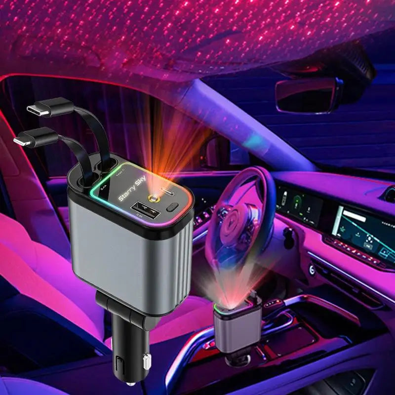 4-in-1 Retractable Car Charger – Dual Ports, Type-C Fast Charge & Starry Sky Light