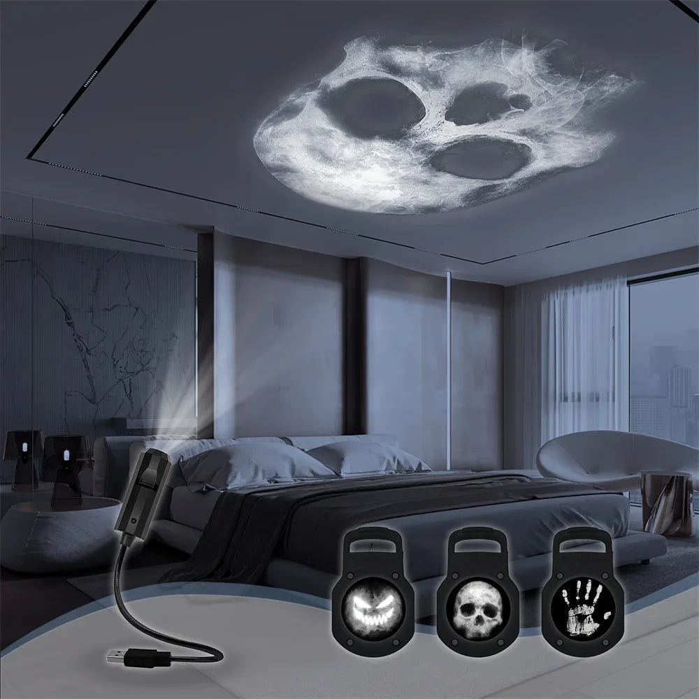 Halloween Skull Projection Lamp – 360° Rotating LED Night Light with Interchangeable Patterns