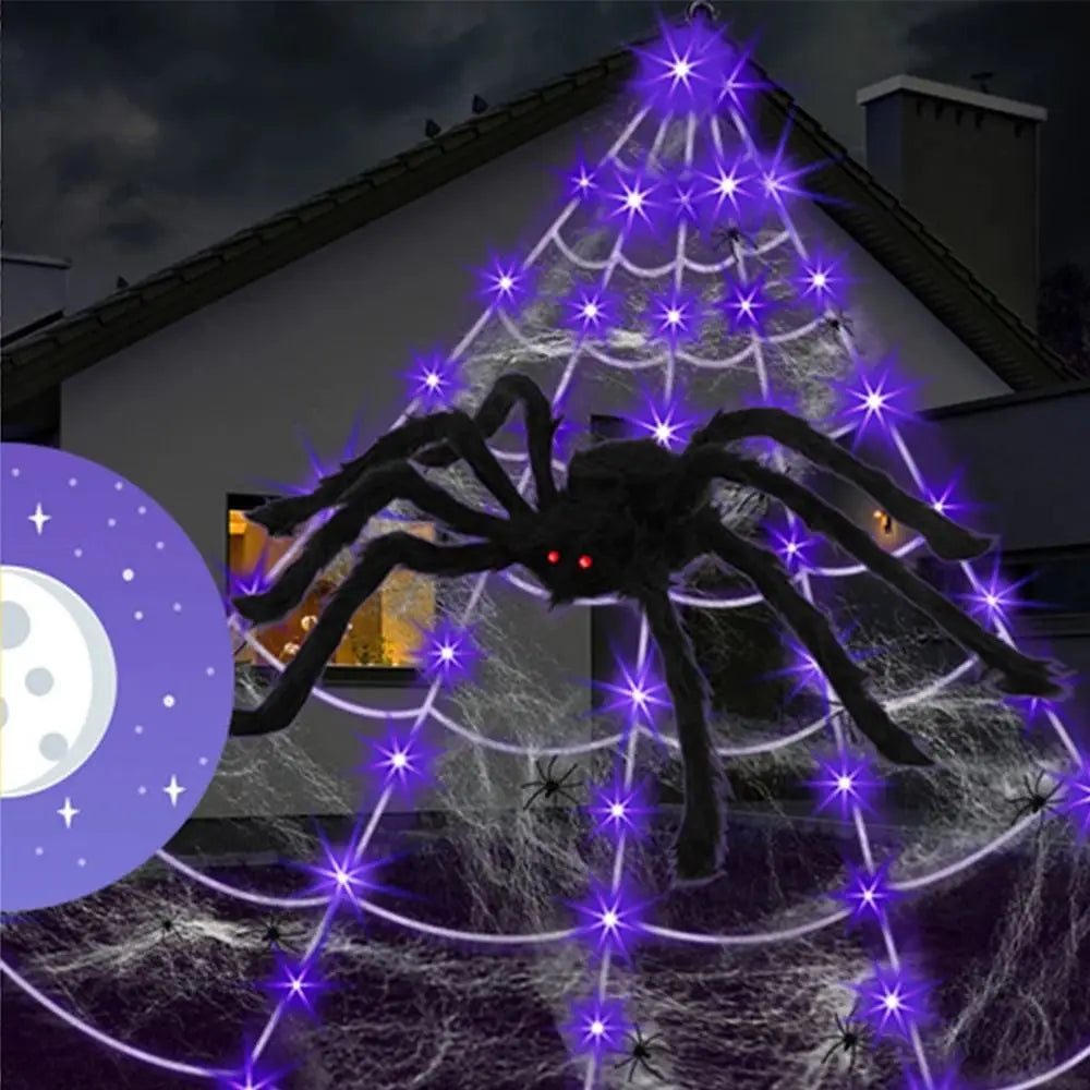 Halloween Spider Web Lights – 8 Mode LED Web with Glowing Spider