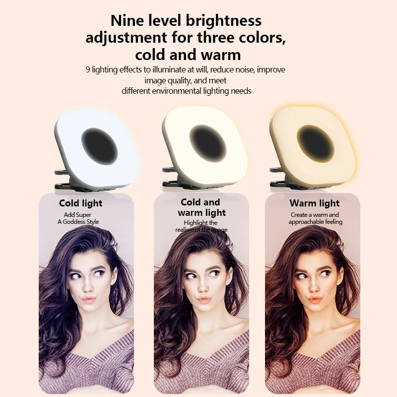 Mini Clip-On LED Selfie Light – 3 Modes, 9 Brightness Levels, USB-C Rechargeable
