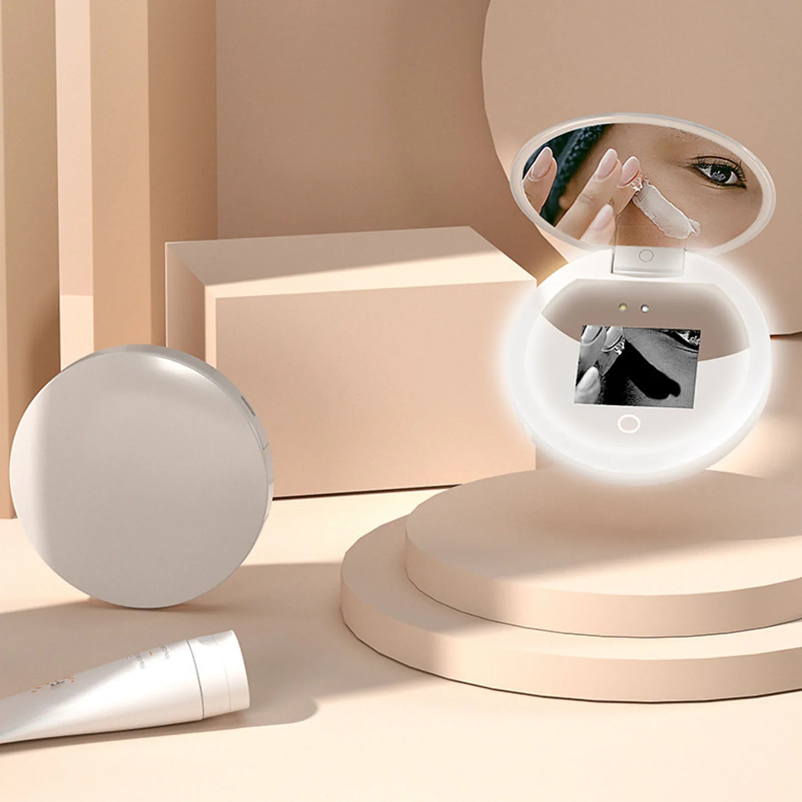 UV Camera Makeup Mirror – 2X Magnification Travel Pocket Mirror with LED Light