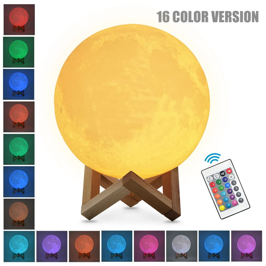 3D Printed Moon Lamp – Rechargeable Touch LED Night Light with Wooden Stand