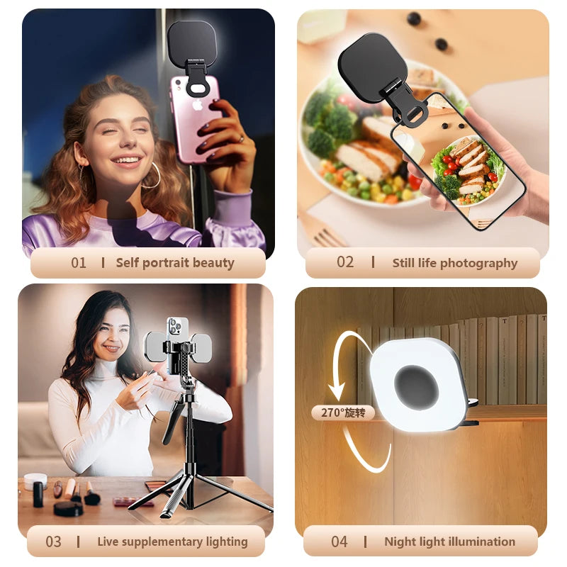 Mini Clip-On LED Selfie Light – 3 Modes, 9 Brightness Levels, USB-C Rechargeable