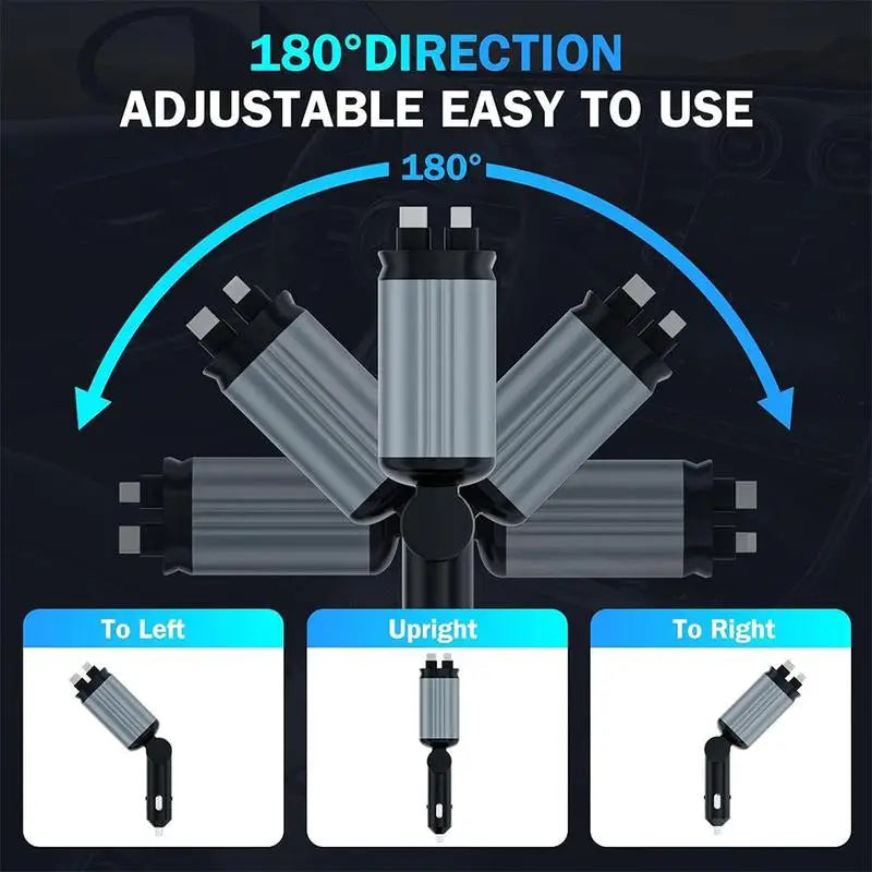 4-in-1 Retractable Car Charger – Dual Ports, Type-C Fast Charge & Starry Sky Light