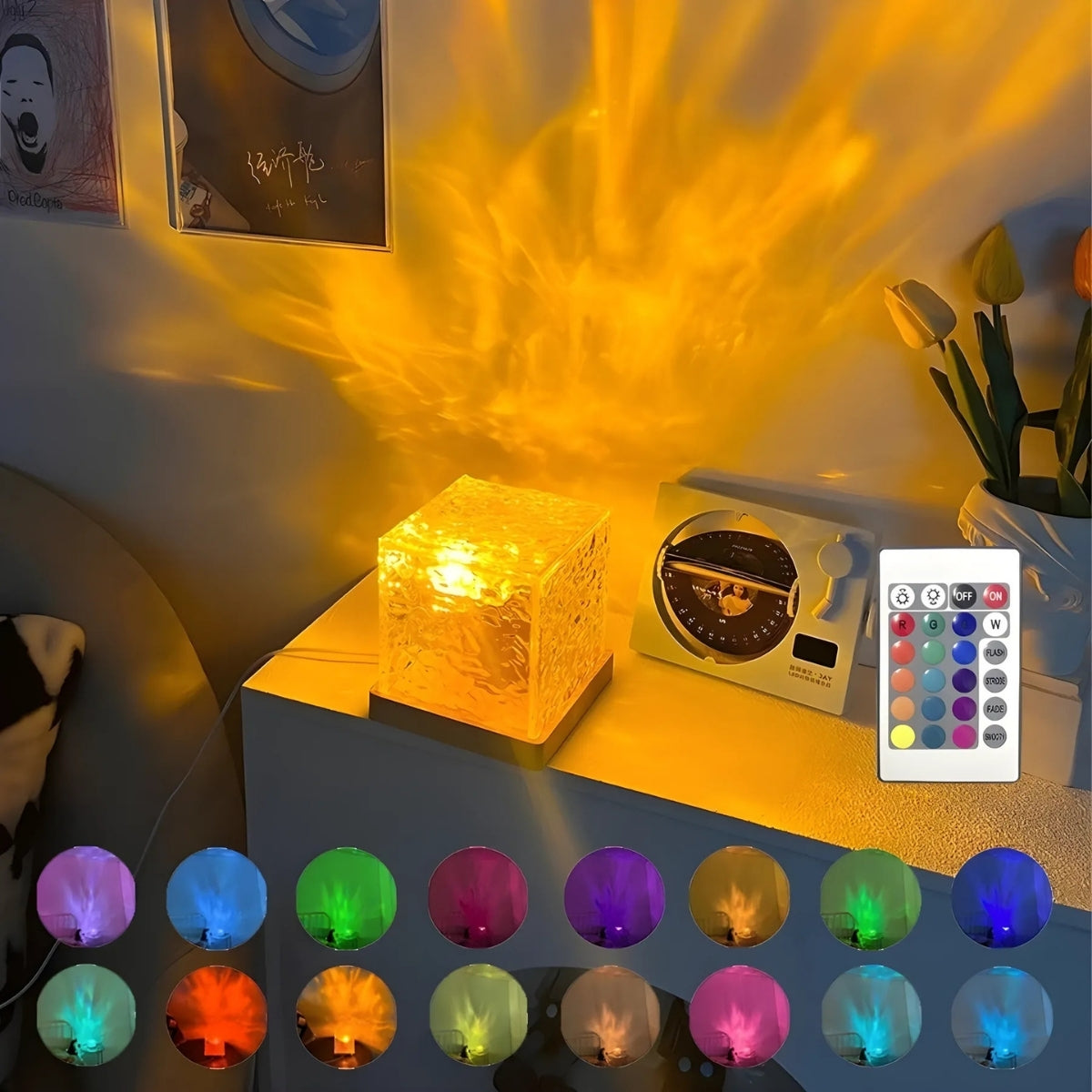 Ocean Wave Aurora Projector Lamp – 16-Color Crystal Flame Light with Remote