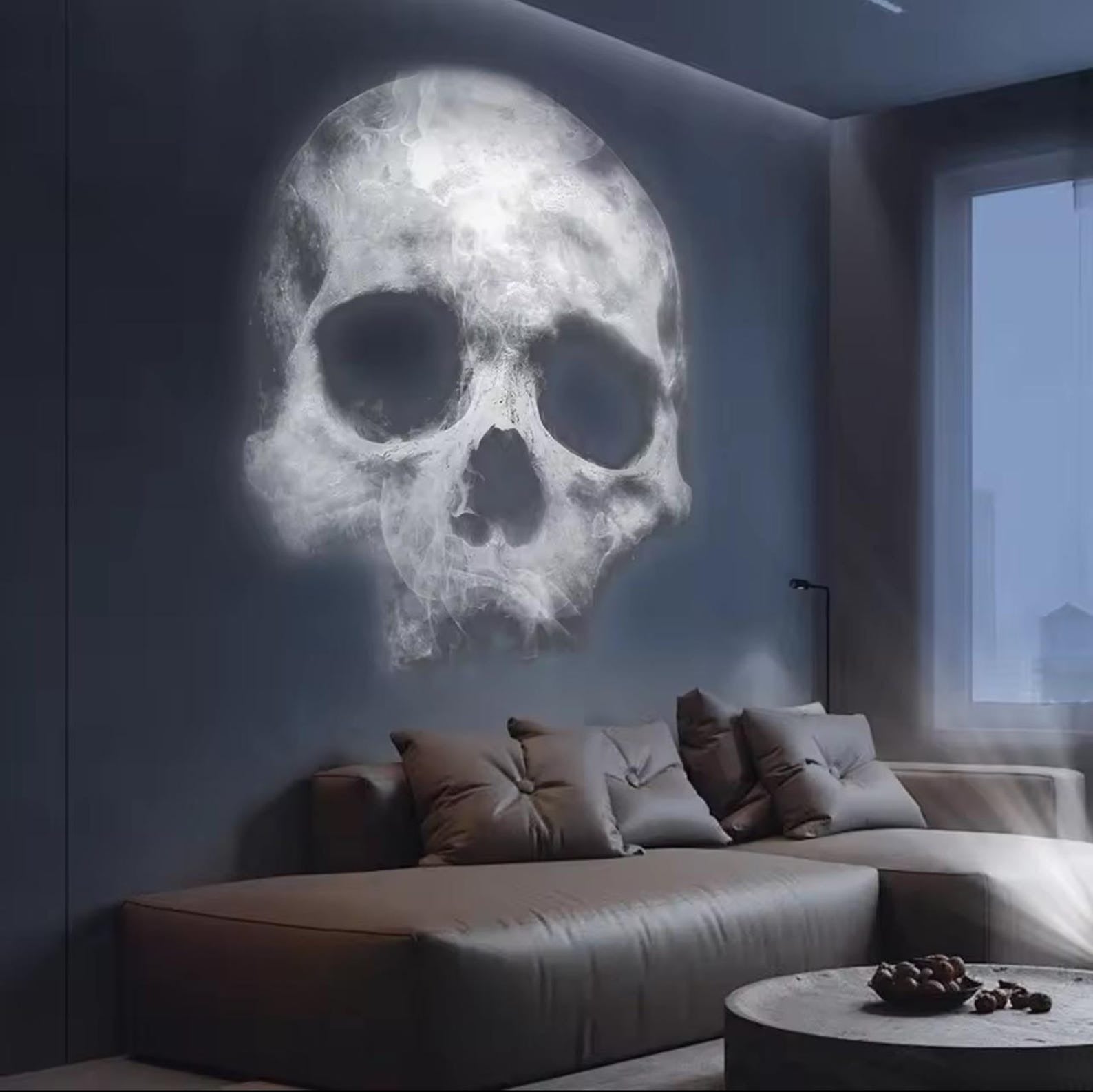 Halloween Skull Projection Lamp – 360° Rotating LED Night Light with Interchangeable Patterns