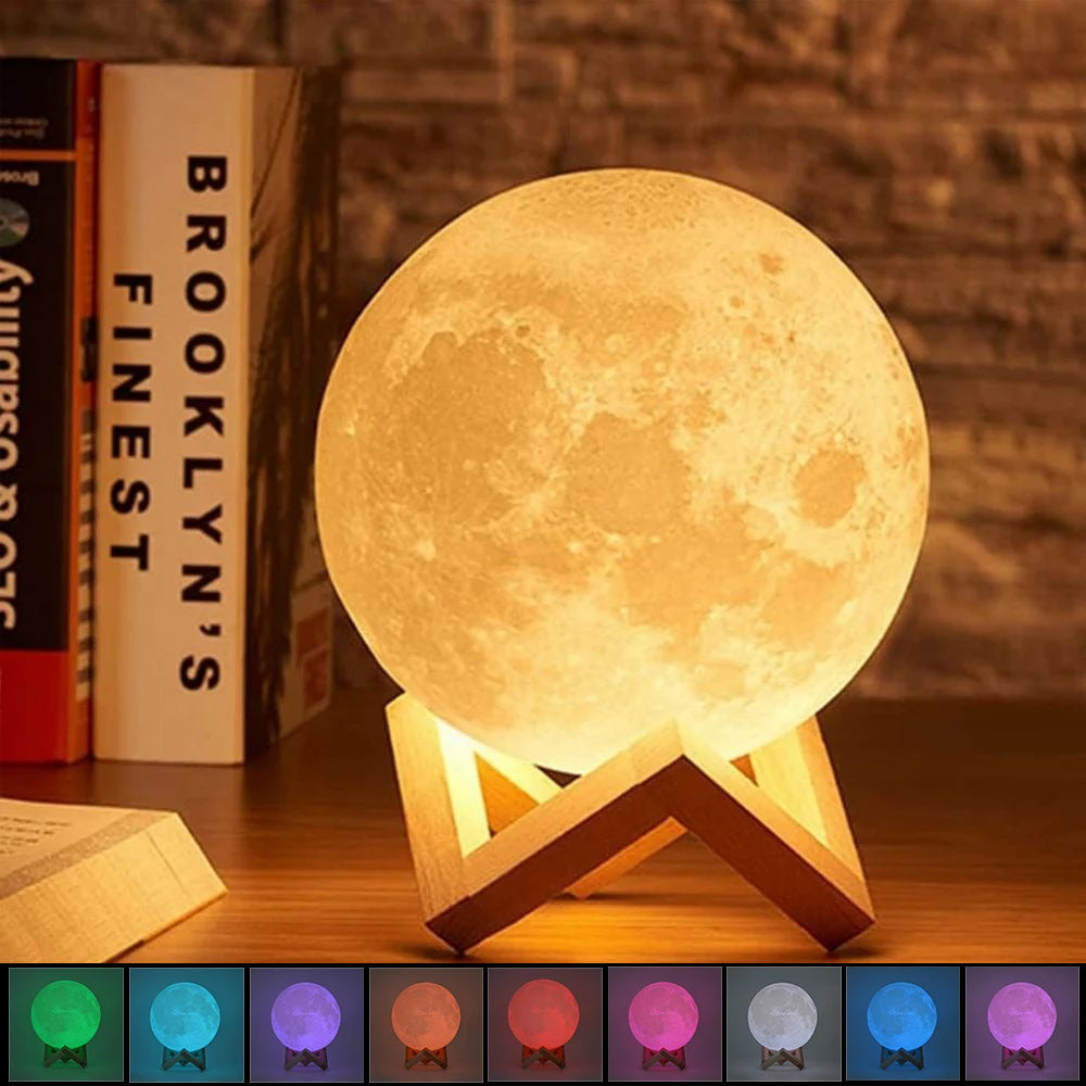 3D Printed Moon Lamp – Rechargeable Touch LED Night Light with Wooden Stand